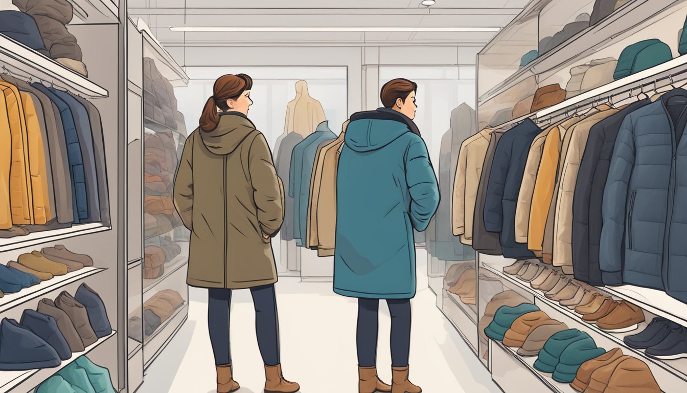 A person stands in a store, surrounded by various down coat brands. They are carefully examining the features of each coat, comparing warmth, weight, and style