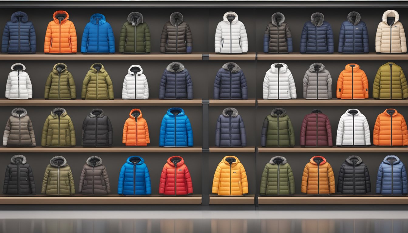 A display of popular down coat brands with FAQ signage