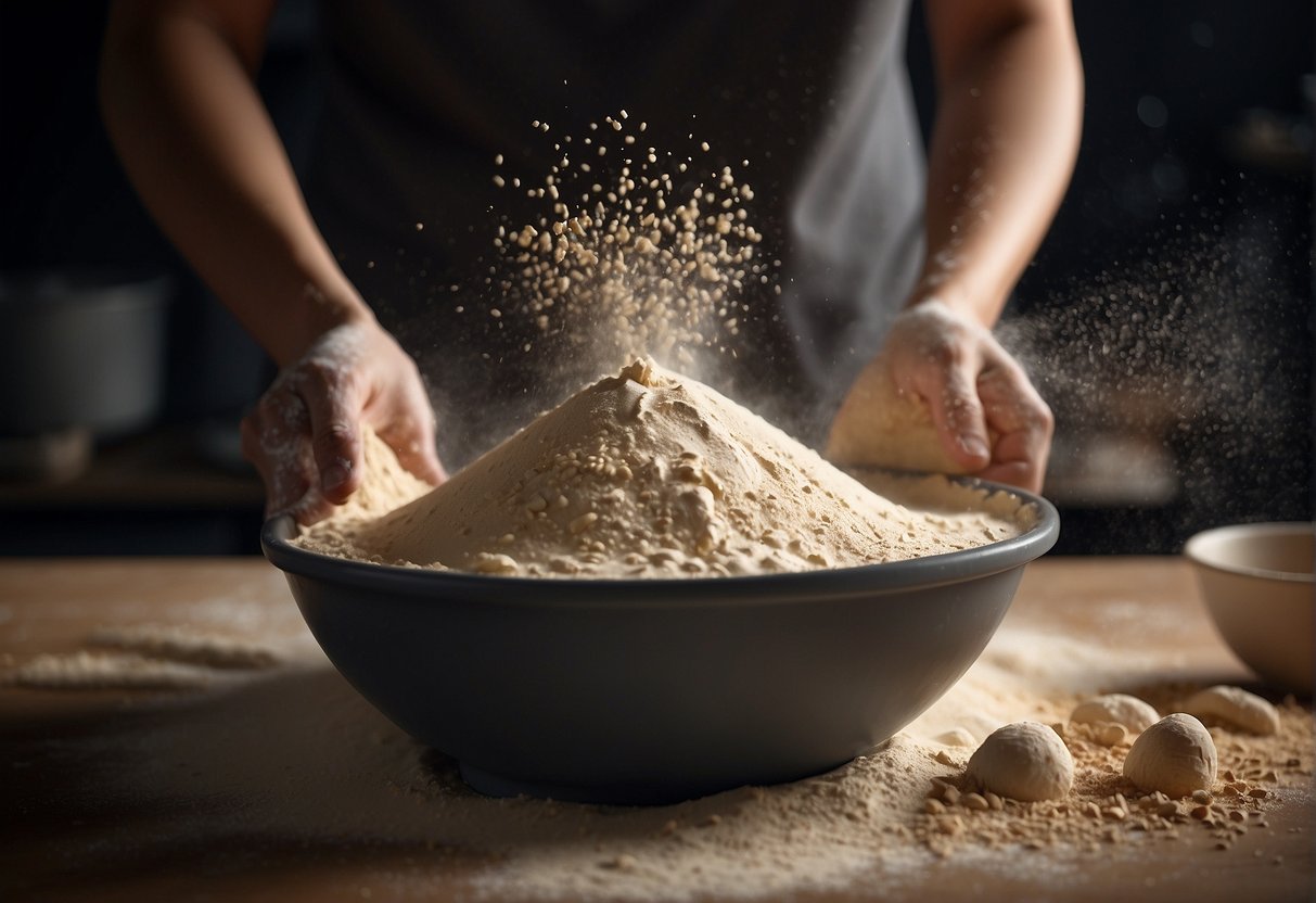 A pair of hands mixing flour, water, and yeast in a large bowl. A cloud of flour dust hangs in the air as the dough comes together