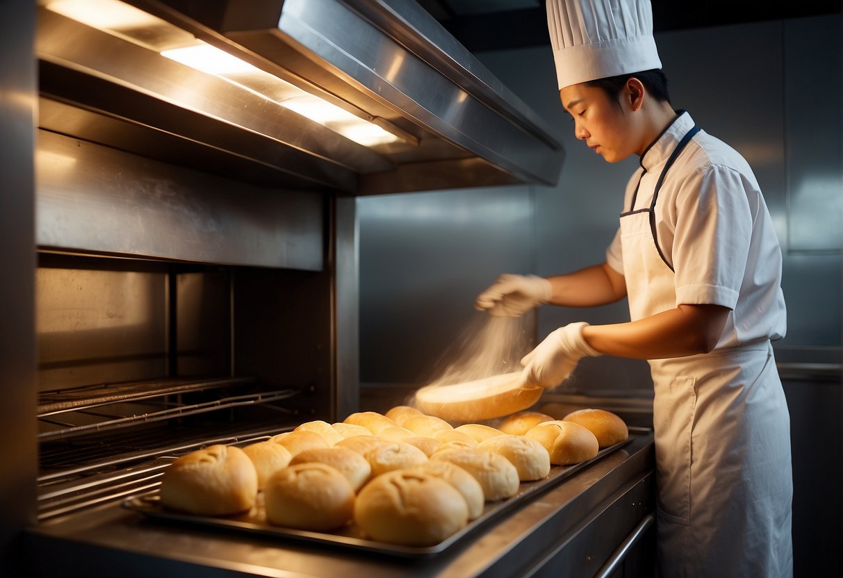 Dough being kneaded, shaped, and placed in oven. Bread rising and baking to golden perfection in a Chinese bakery