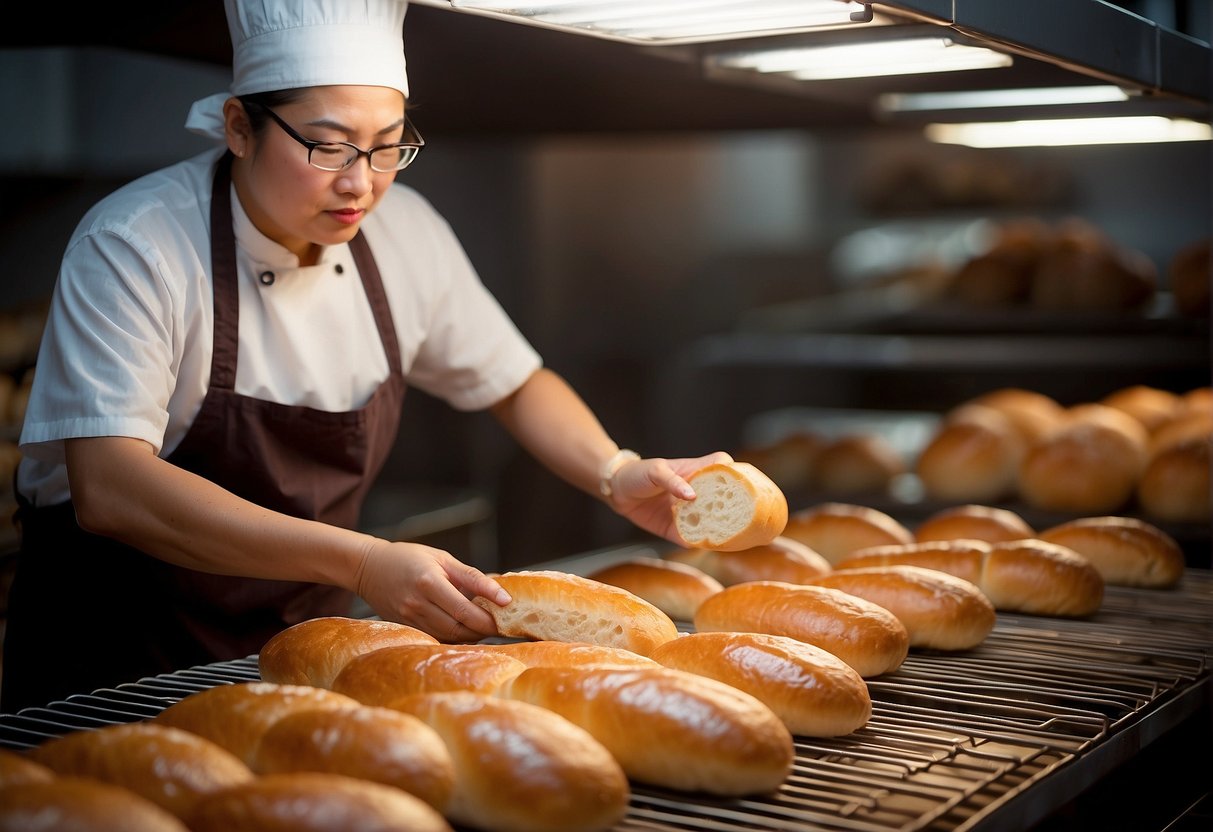 A bakery worker places freshly baked Chinese bread on a wire rack to cool before carefully packaging them for display