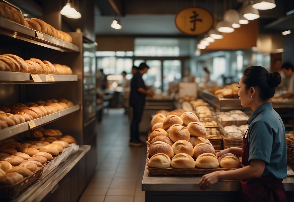 A busy Chinese bakery with shelves of fresh bread and a sign reading "Frequently Asked Questions Chinese Bakery Bread Recipe."