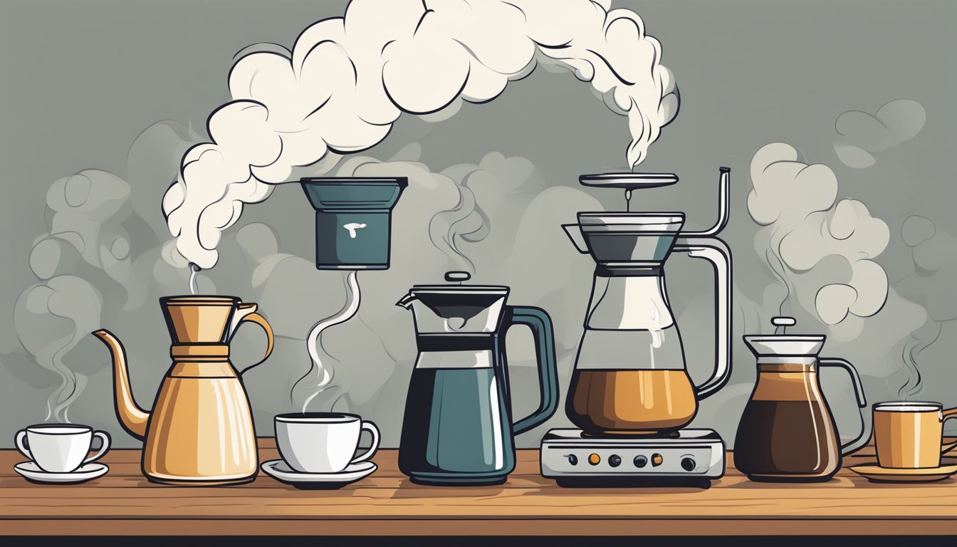 Steam rises from freshly brewed drip coffee, filling the air with a rich aroma. Various branded coffee pots and mugs are arranged on a countertop, each displaying their unique logo