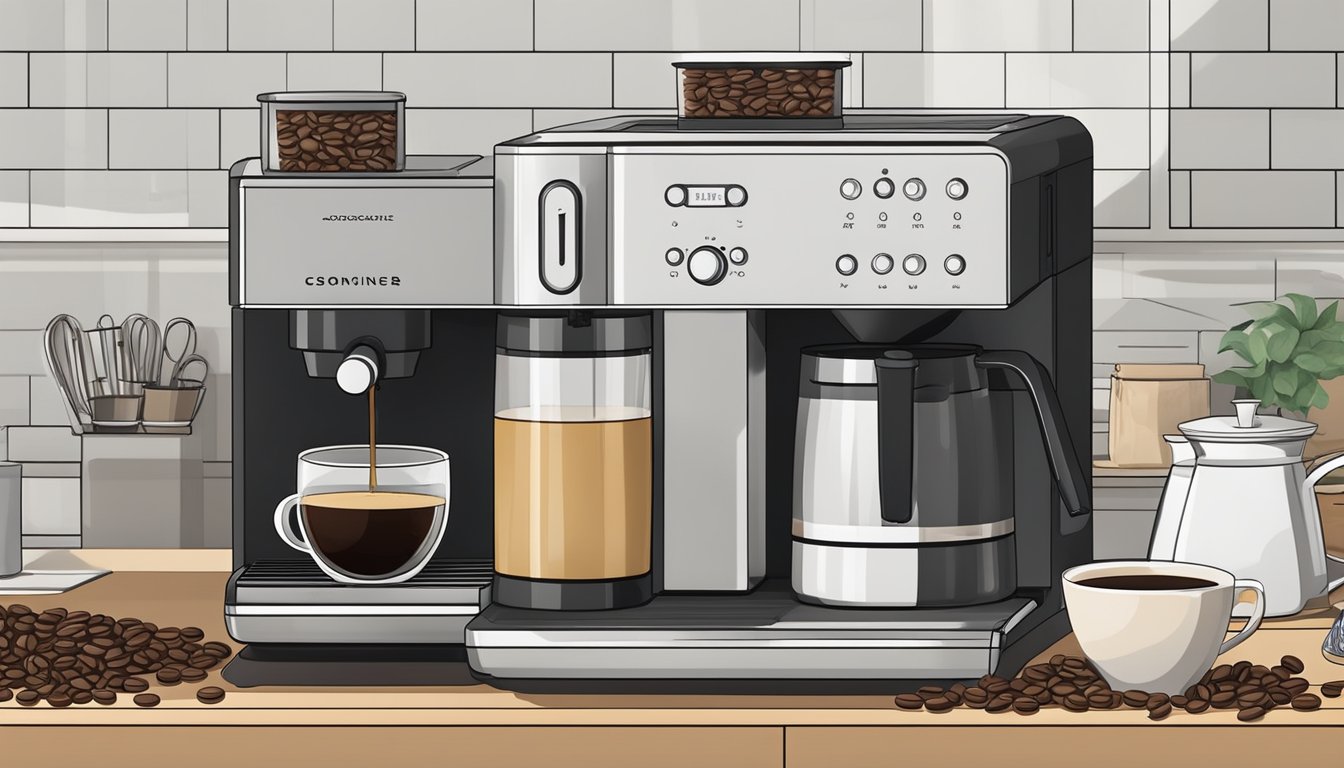 A drip coffee maker sits on a clean, modern kitchen counter, surrounded by various branded bags of coffee beans and a steaming cup of freshly brewed coffee