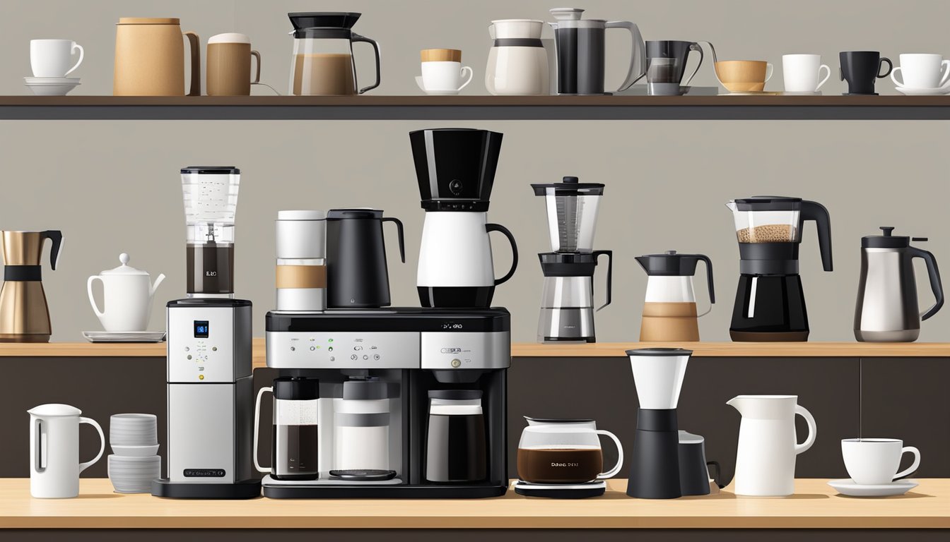 Various top drip coffee maker brands arranged on a clean, modern countertop. Each brand's unique design and features are highlighted in the scene