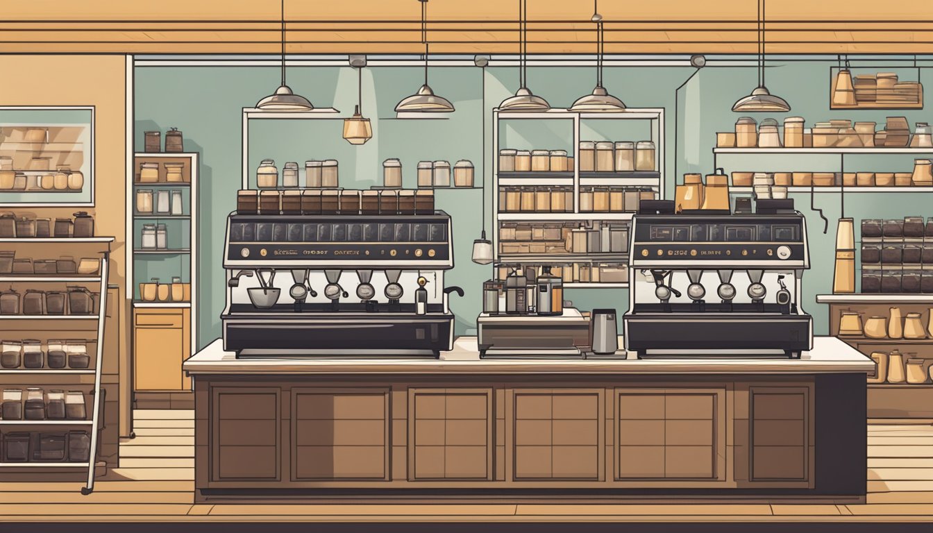A sleek, modern coffee shop with steaming espresso machines, rows of carefully labeled coffee beans, and a barista expertly brewing a perfect cup