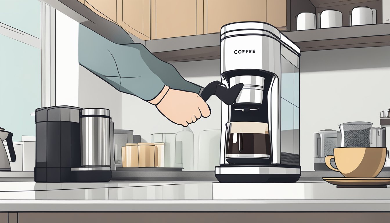 A hand reaches for a sleek drip coffee maker on a clean, modern kitchen counter. Various coffee brands are displayed nearby