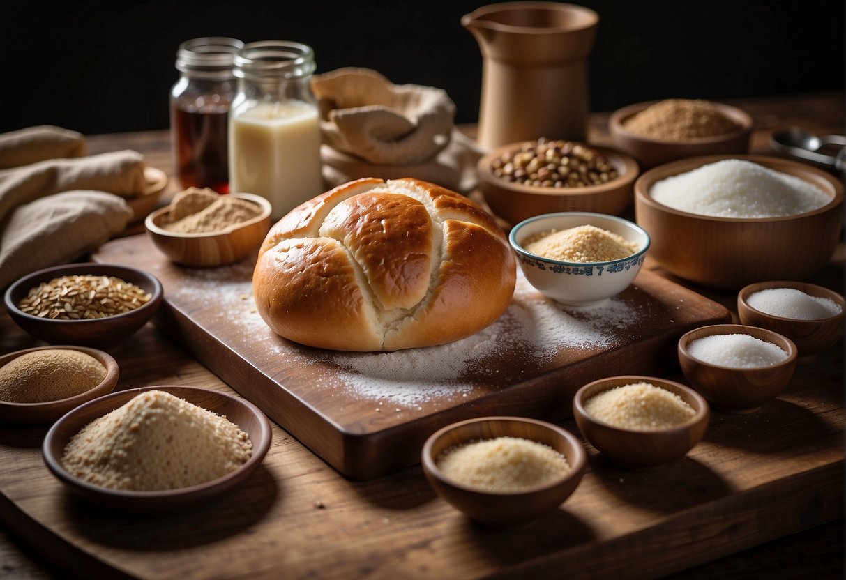 A table with various ingredients and utensils for making Chinese bakery buns. Flour, yeast, sugar, and fillings are neatly arranged. A recipe book is open, showing step-by-step instructions