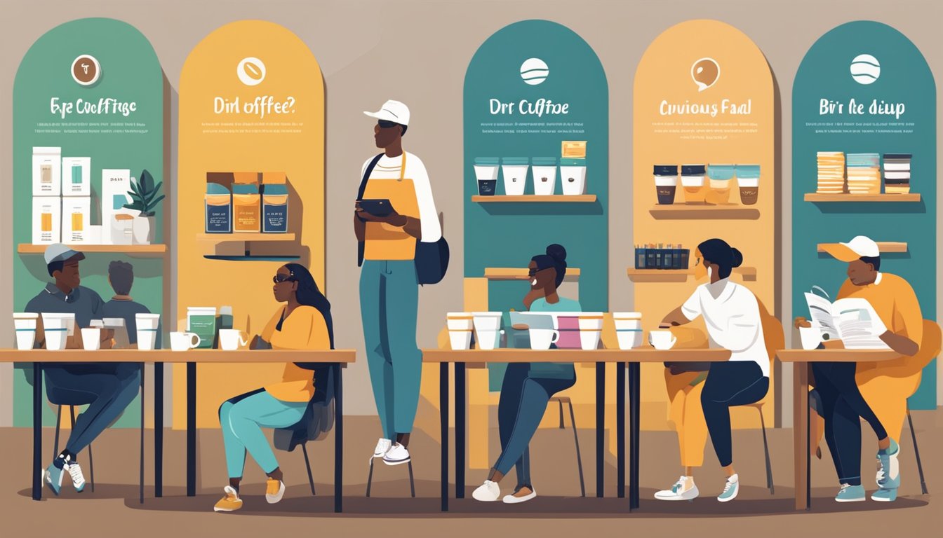 A lineup of various drip coffee brands with bold labels and steaming cups, surrounded by curious customers reading frequently asked questions