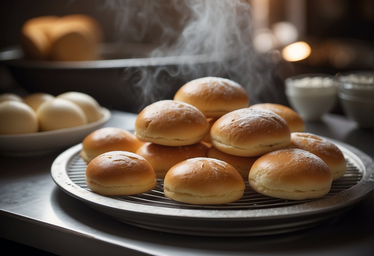 A table filled with flour, sugar, yeast, and eggs. A mixing bowl with dough being kneaded. A tray of freshly baked Chinese bakery buns cooling on a wire rack