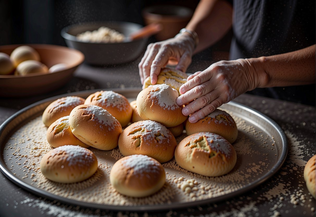 A pair of hands mixes flour and water, kneading the dough until smooth, then shaping it into small buns