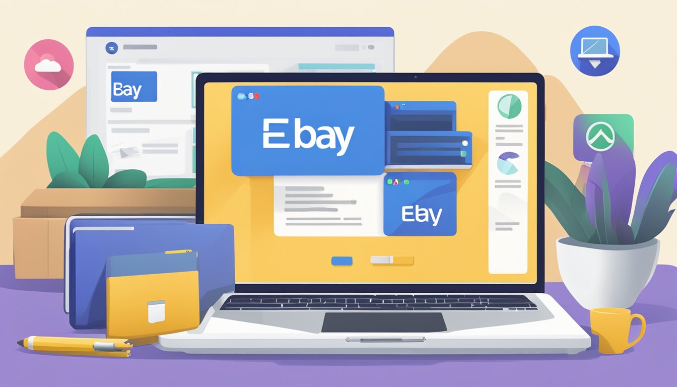 A laptop displaying the eBay Brand Registry homepage with a logo, product listings, and a checkmark symbolizing protection and authenticity
