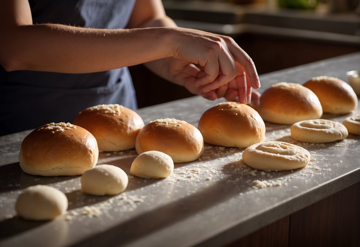 A pair of hands shaping dough into round buns, then filling them with savory or sweet fillings. Ingredients and tools scattered on a clean, well-lit countertop