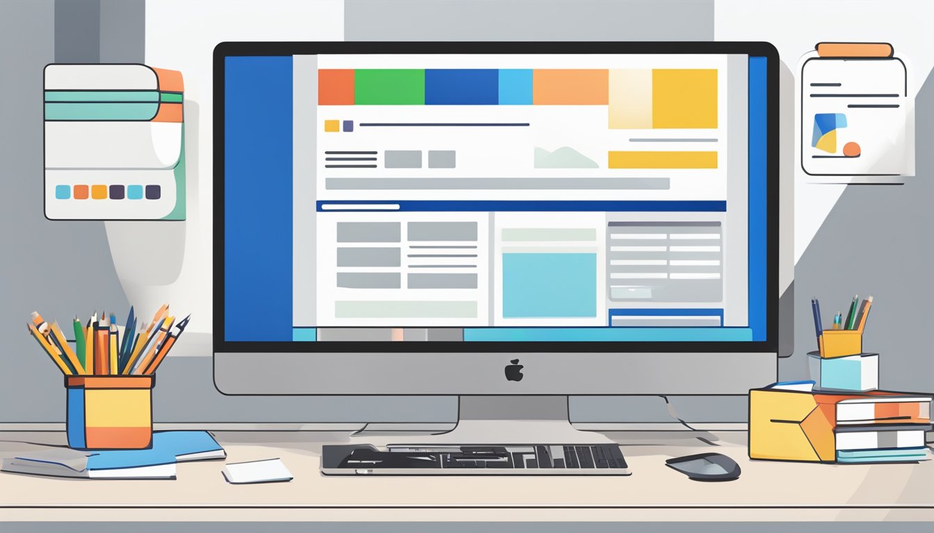 A computer screen displays eBay's logo and name, surrounded by a set of clear guidelines. A stylized logo usage manual sits nearby