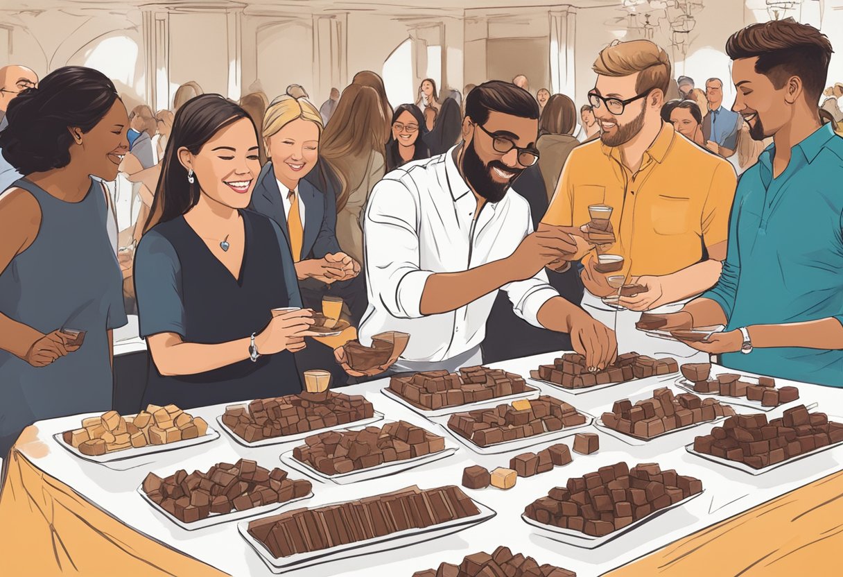 Guests savoring diverse chocolate flavors at a lively Orlando tasting event