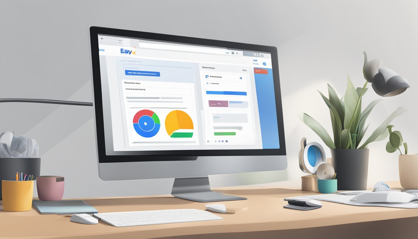 A computer monitor displaying the eBay brand registry homepage with a list of frequently asked questions and a logo in the corner