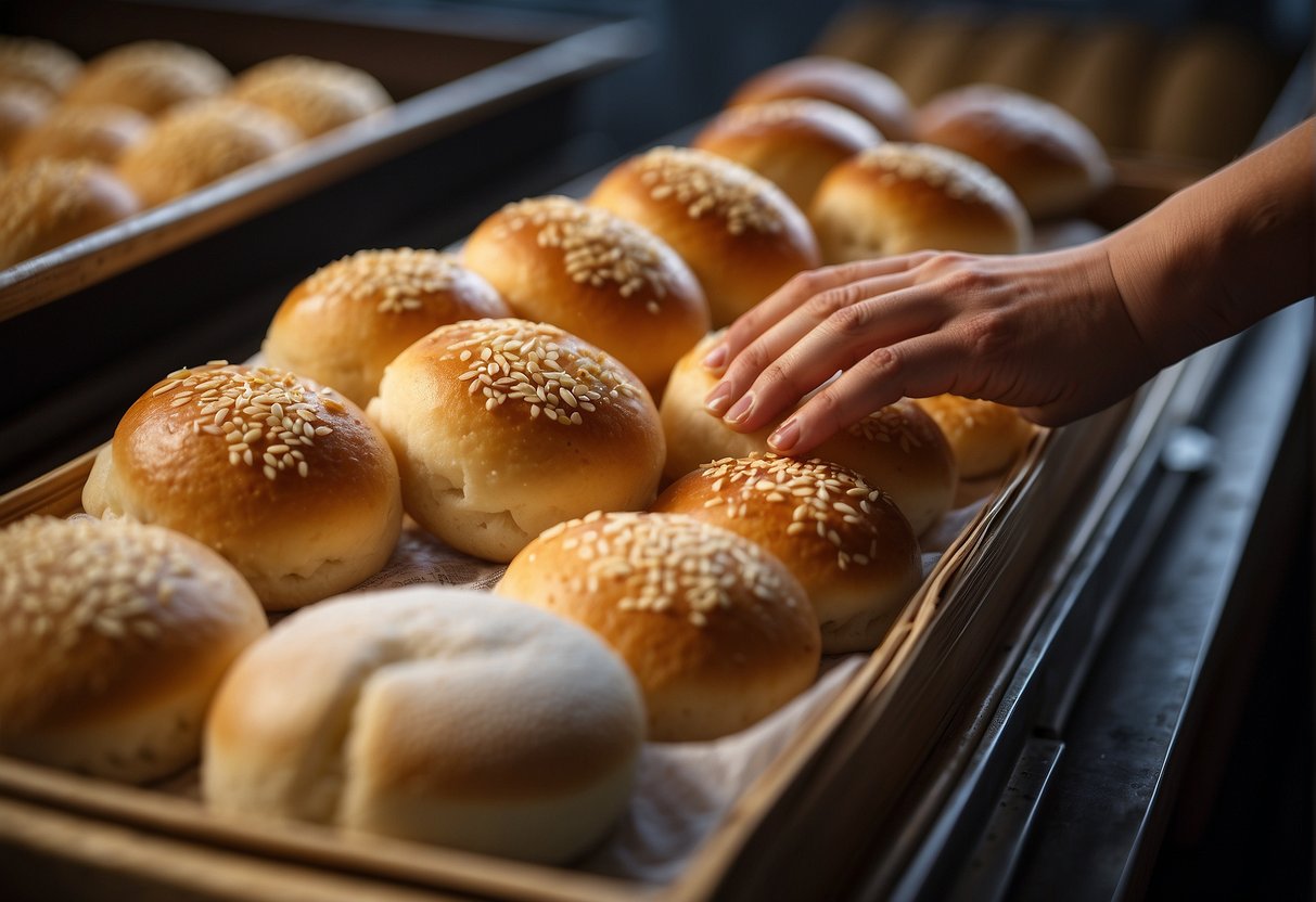 A hand reaches for a bamboo steamer filled with freshly steamed Chinese bakery buns, while a storage container holds rows of neatly arranged buns ready for serving