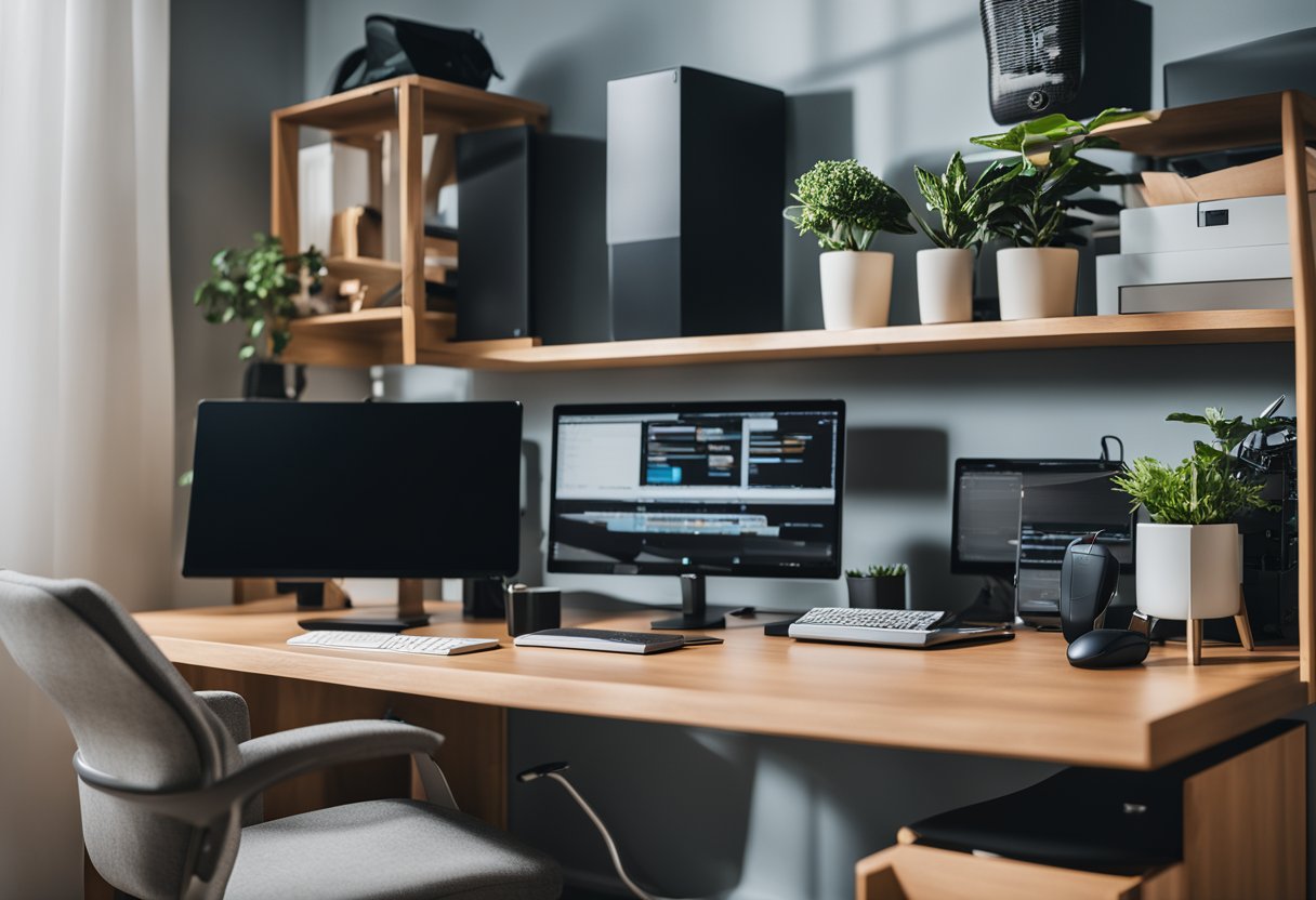 A well-lit, organized home office with a comfortable chair, adjustable desk, monitor, keyboard, mouse, and ergonomic accessories