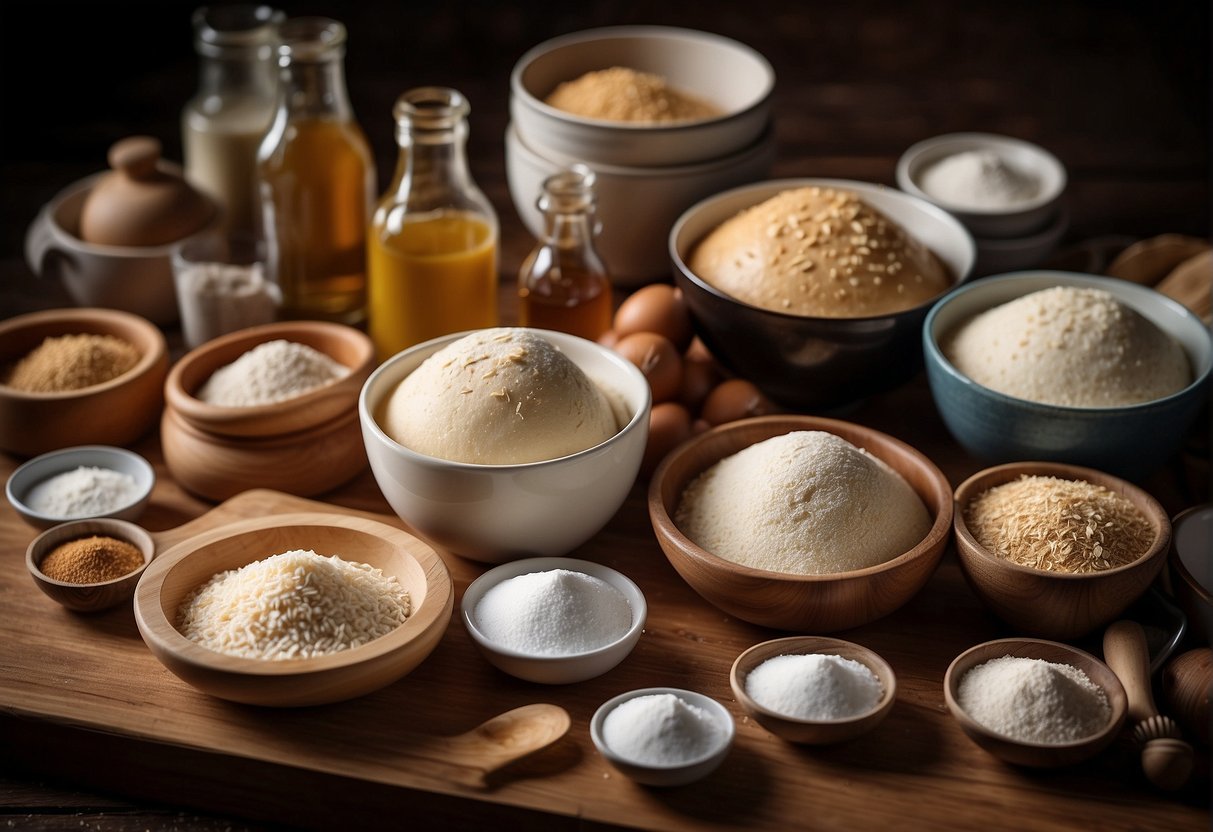 A table filled with various ingredients and tools for making Chinese bakery buns, including flour, yeast, sugar, and mixing bowls