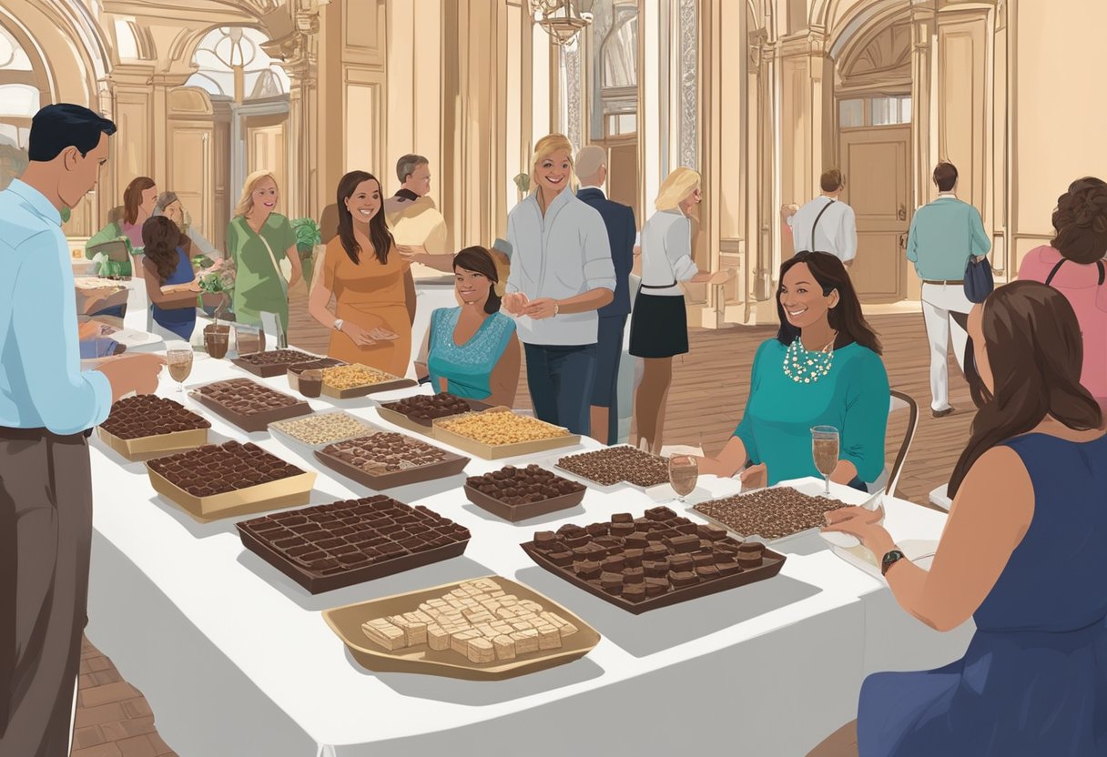 Guests enjoy chocolate tasting at Educational Tours and Experiences in Orlando. Tables are set with various chocolate samples and elegant decor