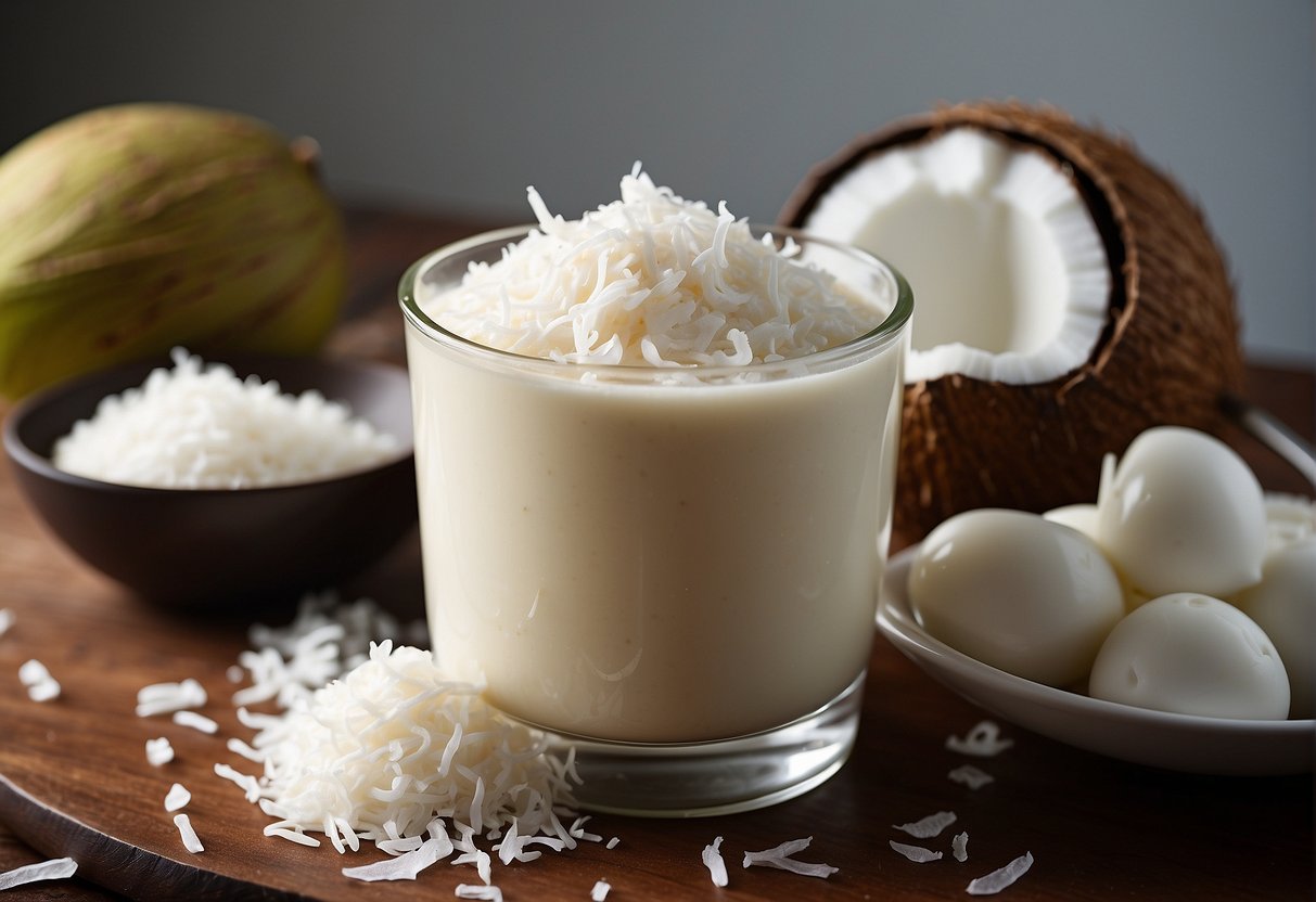 Coconut pudding ingredients arranged on a kitchen counter with a bowl of shredded coconut, can of coconut milk, and a stack of dessert cups