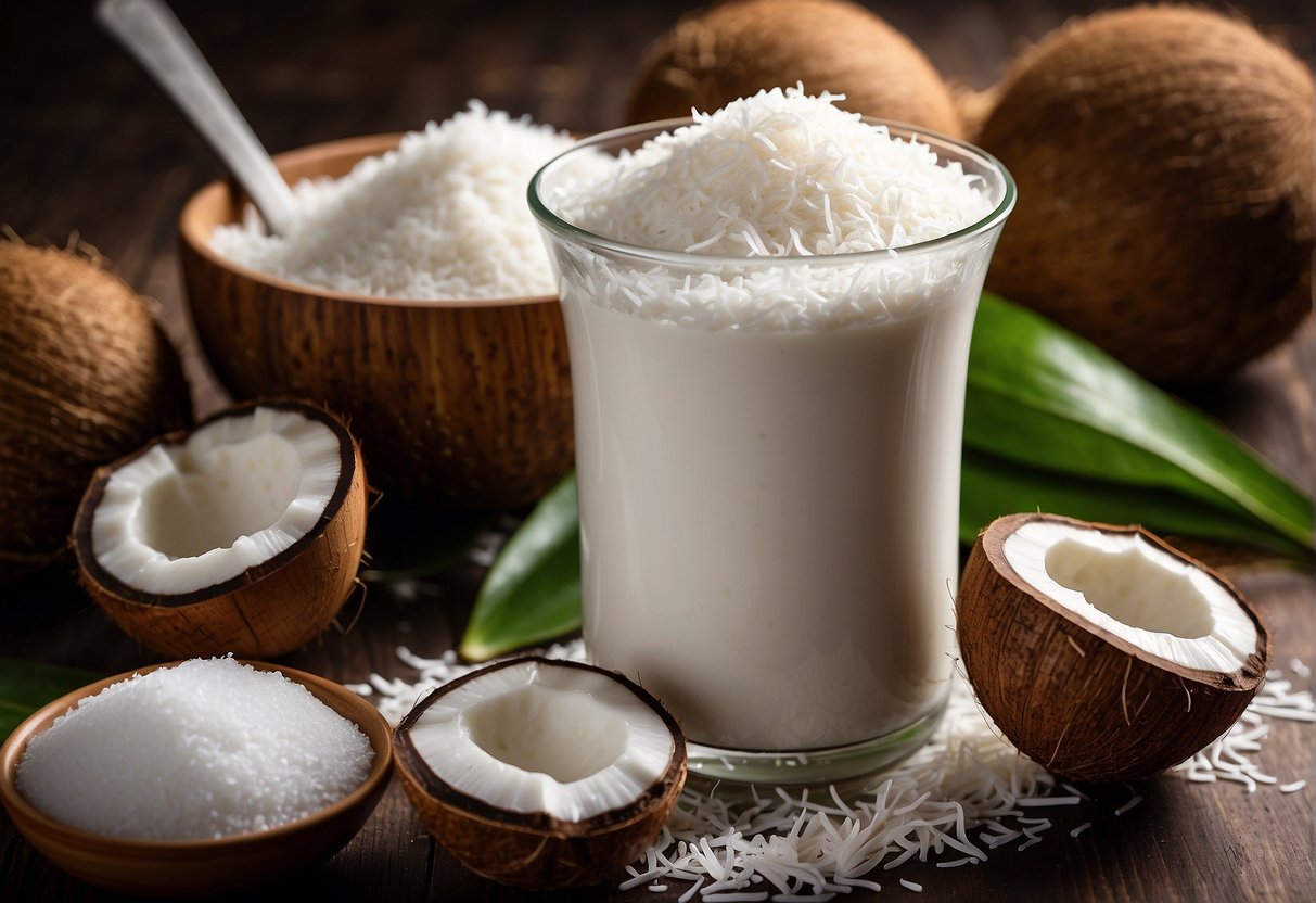 A bowl of coconut milk, sugar, and cornstarch. Nearby, a can of coconut milk and a bag of shredded coconut