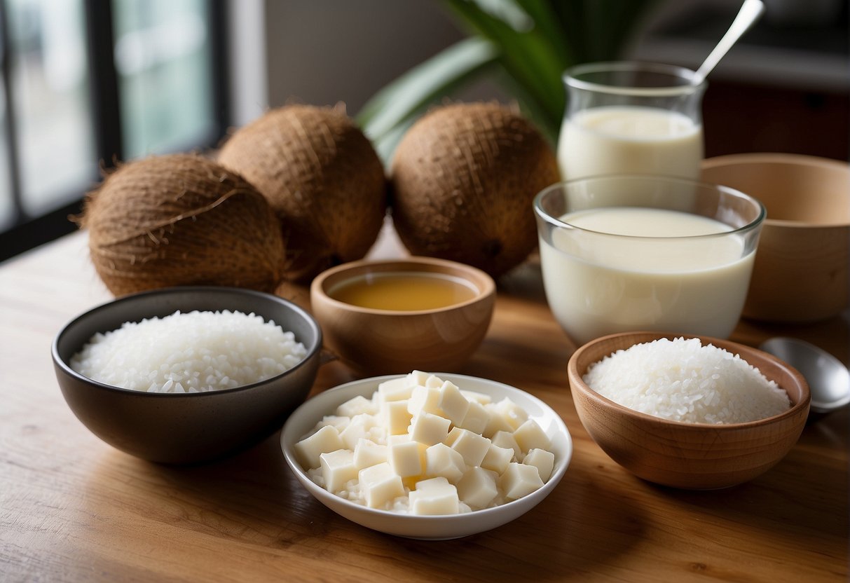 Coconut pudding ingredients arranged on a kitchen counter, with a mixing bowl, coconut milk, sugar, and agar agar