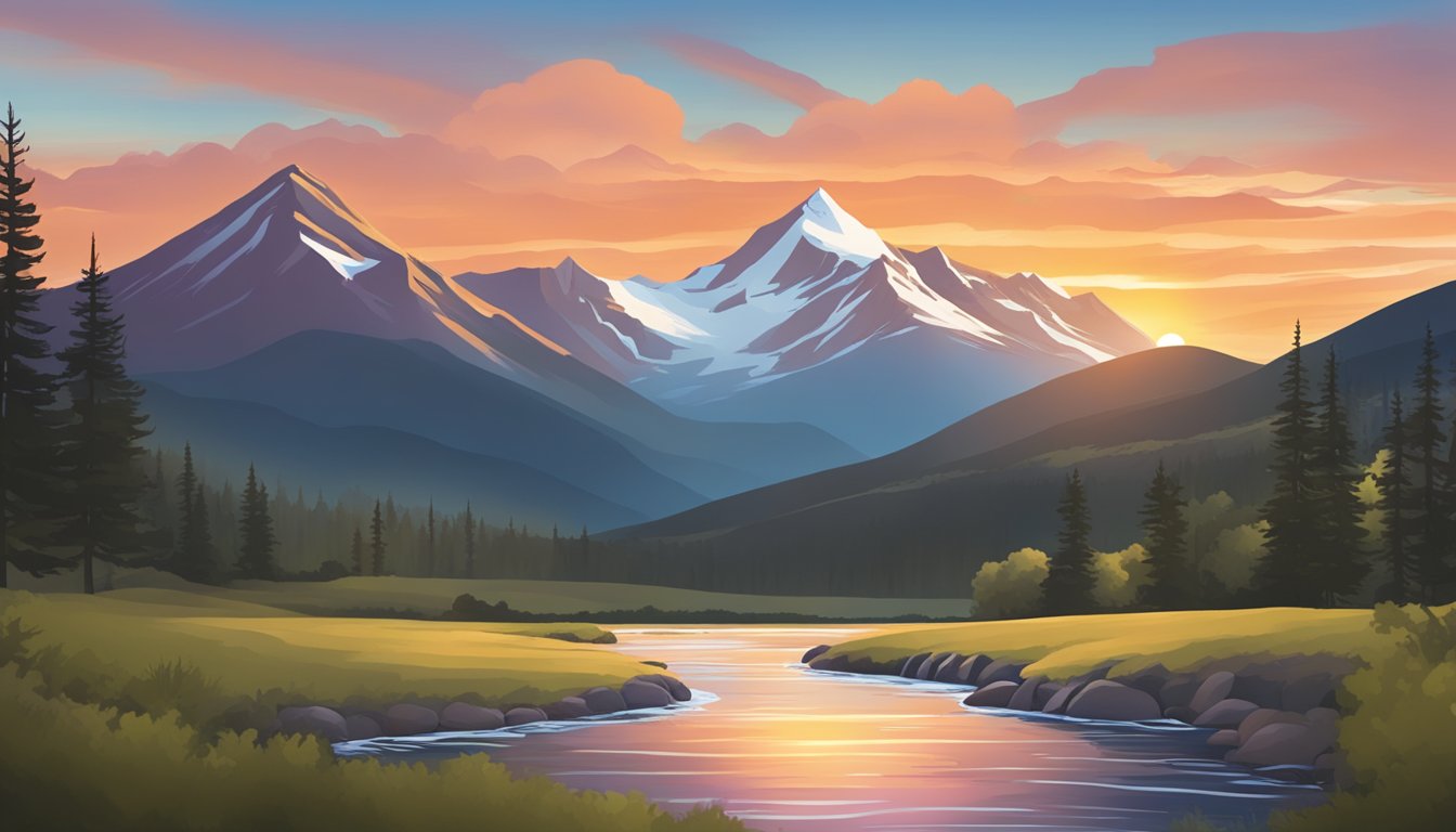 A mountain landscape with a flowing river, a majestic sunset, and a logo of Elite Brands of Colorado prominently displayed