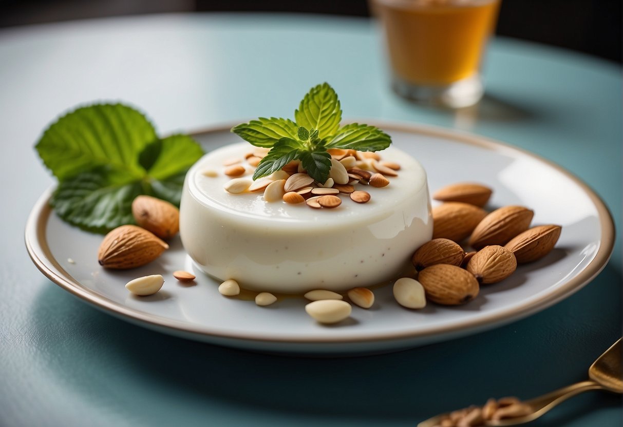 Coconut pudding served on a round plate, garnished with sliced almonds and a sprig of mint, with a small bowl of sweet syrup on the side