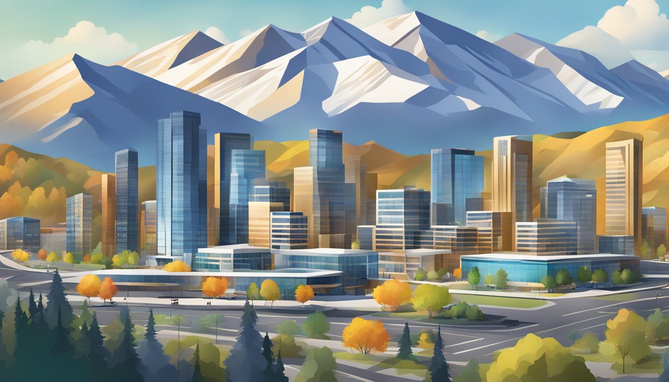 Elite Colorado brands impact industry, gain recognition. Mountains backdrop, sleek modern buildings, innovative technology