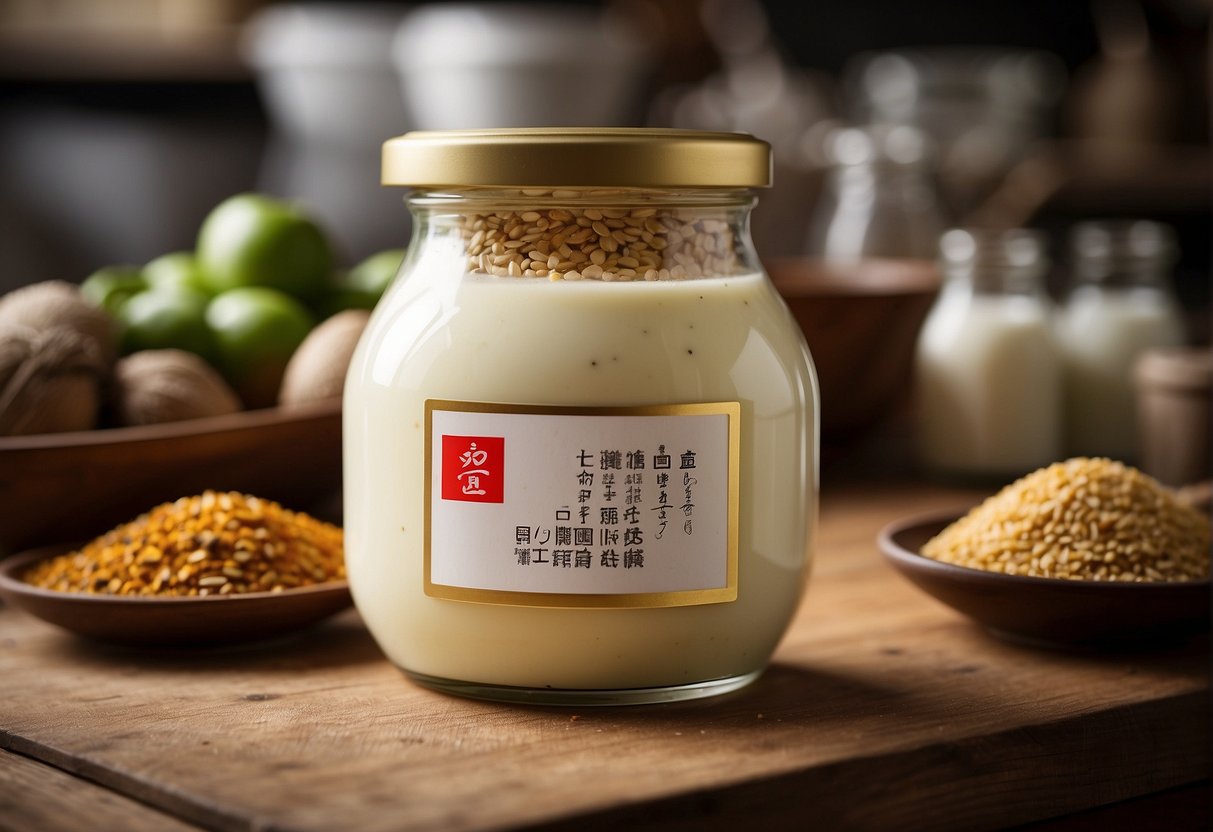 A jar of coconut pudding sits on a shelf, surrounded by ingredients and spices. The label displays the Chinese recipe, with characters in bold print