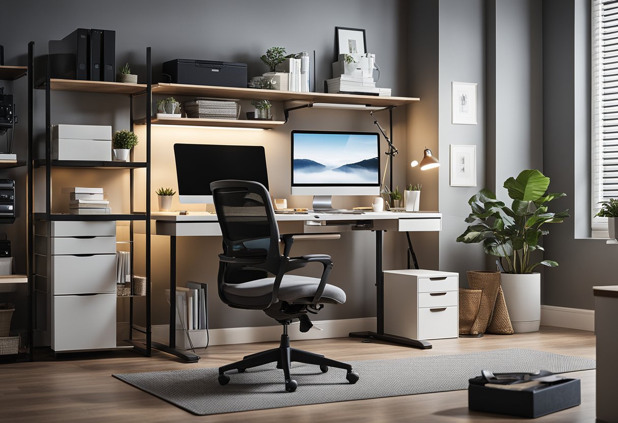 A well-lit, spacious home office with an adjustable desk, ergonomic chair, monitor stand, keyboard tray, and organized storage for supplies