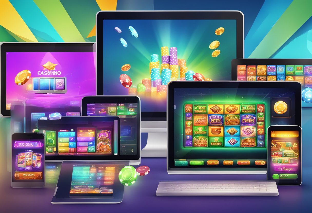 A colorful array of mobile devices and computer screens displaying various casino games, surrounded by vibrant graphics and enticing promotions