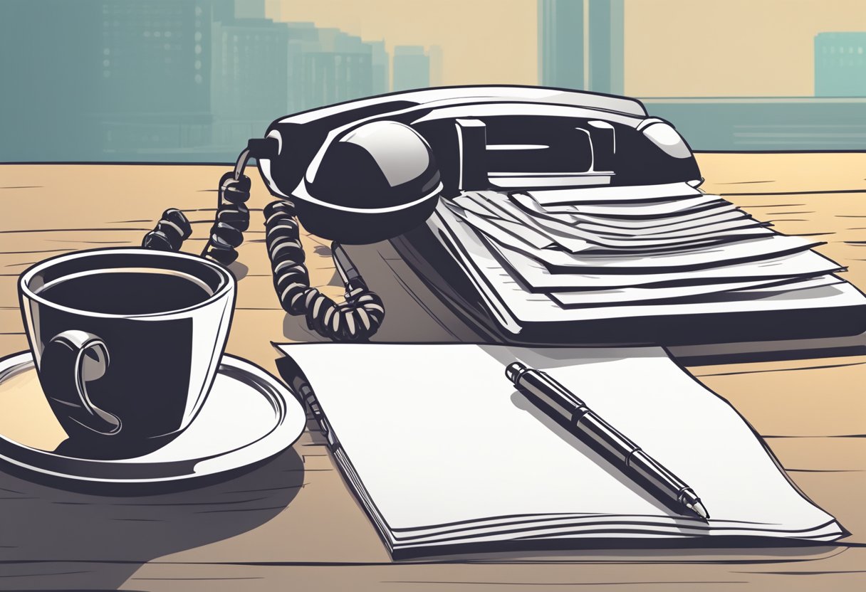 A phone resting on a desk, with a notepad and pen next to it, surrounded by a few scattered papers and a cup of coffee