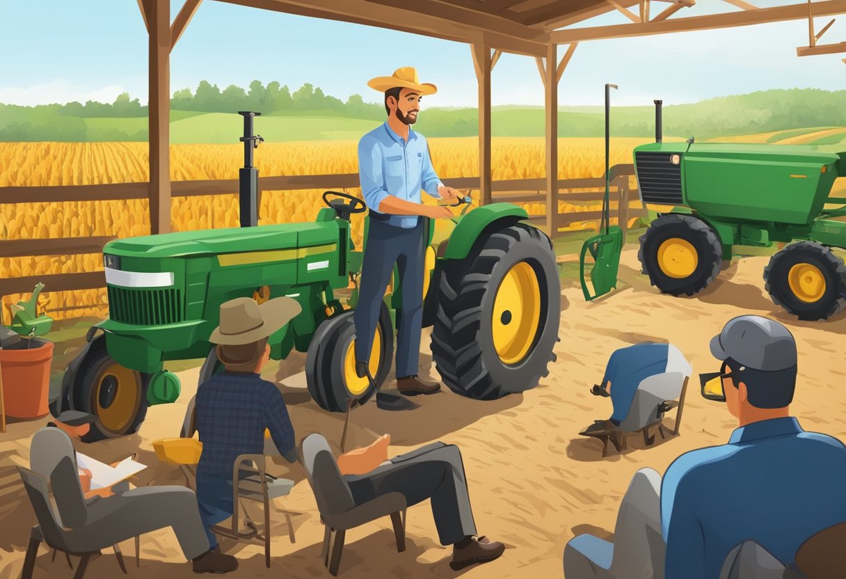 A farm manager answers questions in a Q&A session, surrounded by agricultural tools and equipment