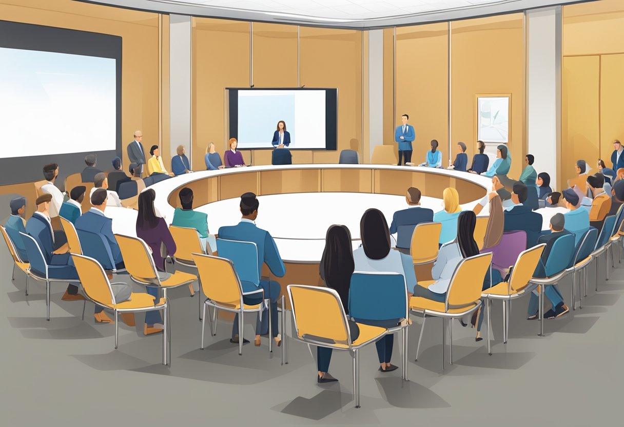 A group of people gather for a Q&A session in a conference room, with a presentation screen and chairs arranged in a semi-circle