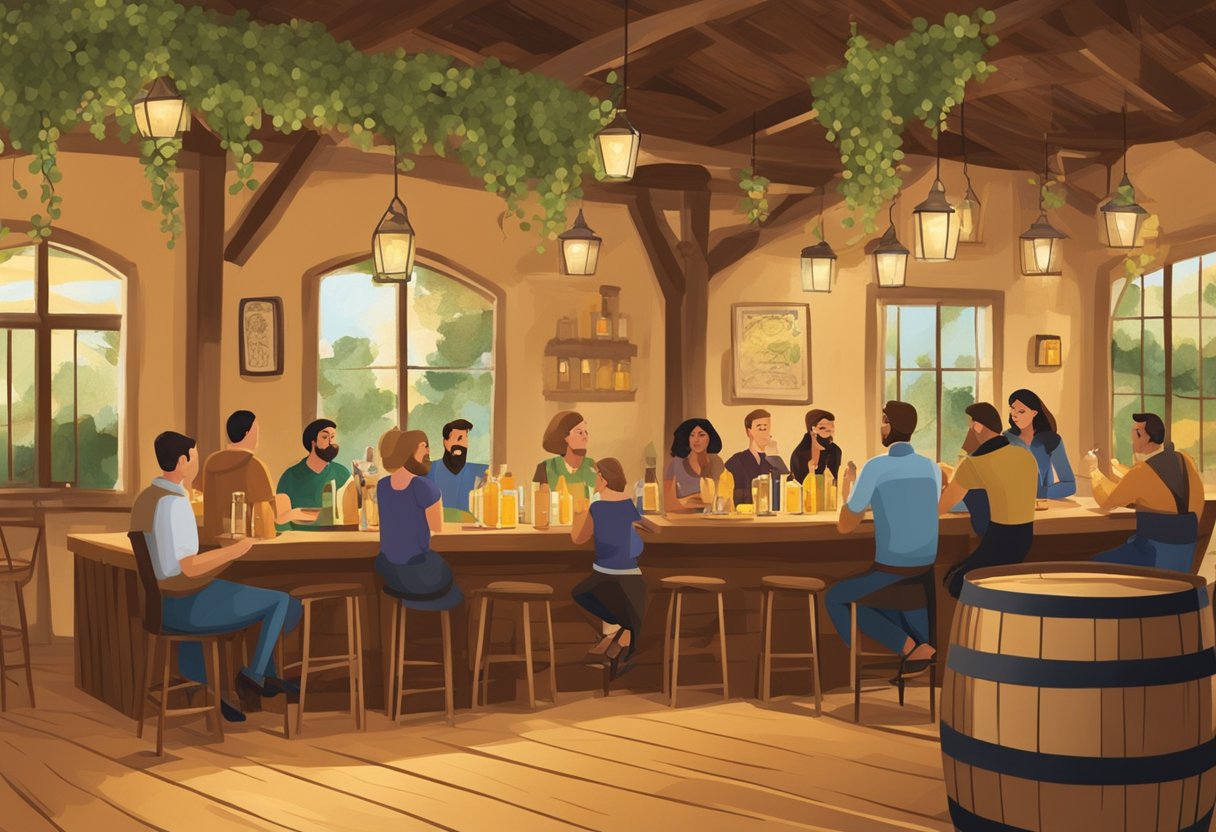 Guests sip mead in a rustic Orlando tasting room, surrounded by barrels and hanging vines. A warm, inviting atmosphere with a focus on the golden honey-colored mead