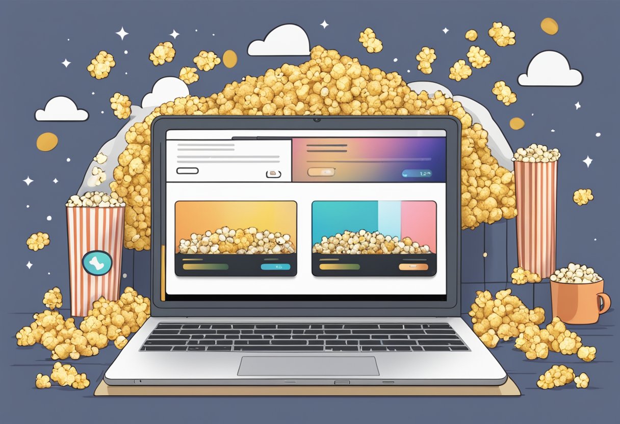 A laptop displaying the YoMovies website with a movie streaming interface, surrounded by popcorn and a cozy blanket