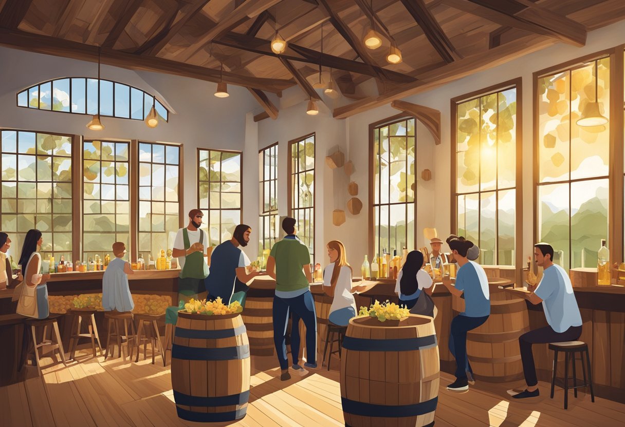 Guests sample various meads at a rustic tasting room in Orlando. Decor features wooden barrels and honeycomb motifs. Sunlight streams through large windows