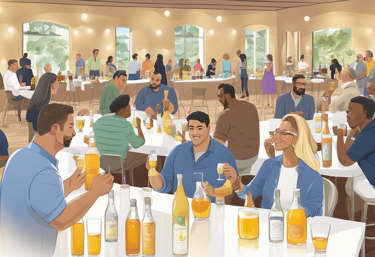 Guests sample various flavors of mead at a tasting event in Orlando, Florida. The room is filled with different mead varieties displayed on tables, and people mingle while enjoying the sweet, honey-based beverages