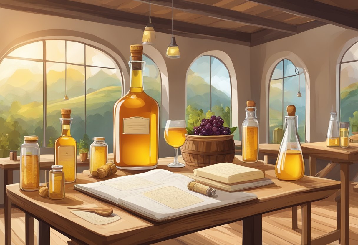 A table displays various mead bottles with tasting notes. Tasting glasses and a notepad sit nearby. The room is filled with the aroma of honey and fermenting fruits