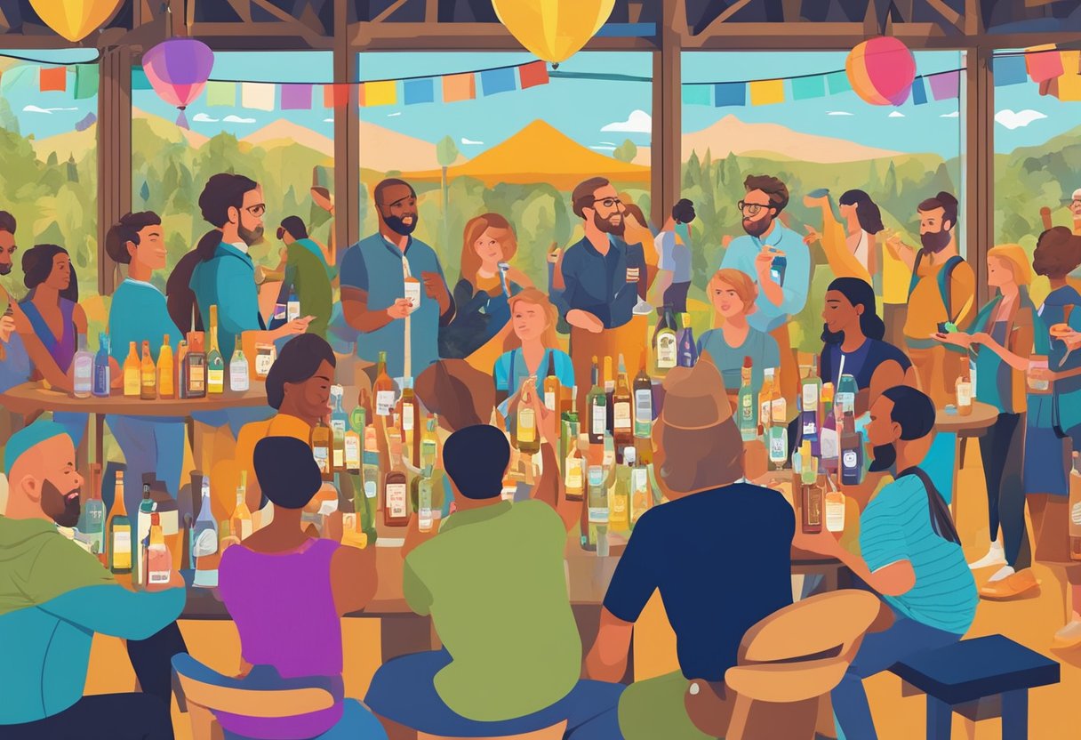 Guests sipping mead at a vibrant Orlando mead tasting event, surrounded by colorful banners and a variety of mead bottles on display