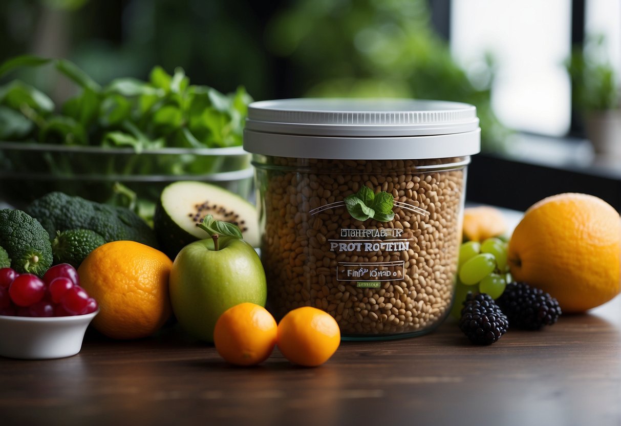 A plant-based protein tub sits next to a variety of fruits and vegetables, emphasizing the vegan nature of the product