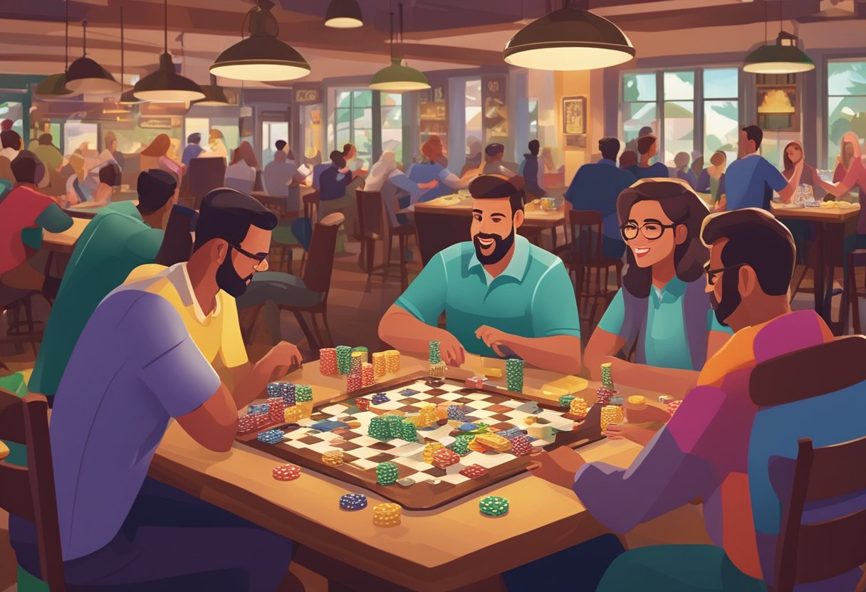 A bustling restaurant in Orlando hosts a game night, with tables filled with patrons playing board games and card games. The atmosphere is lively and fun, with colorful game pieces and cards scattered across the tables