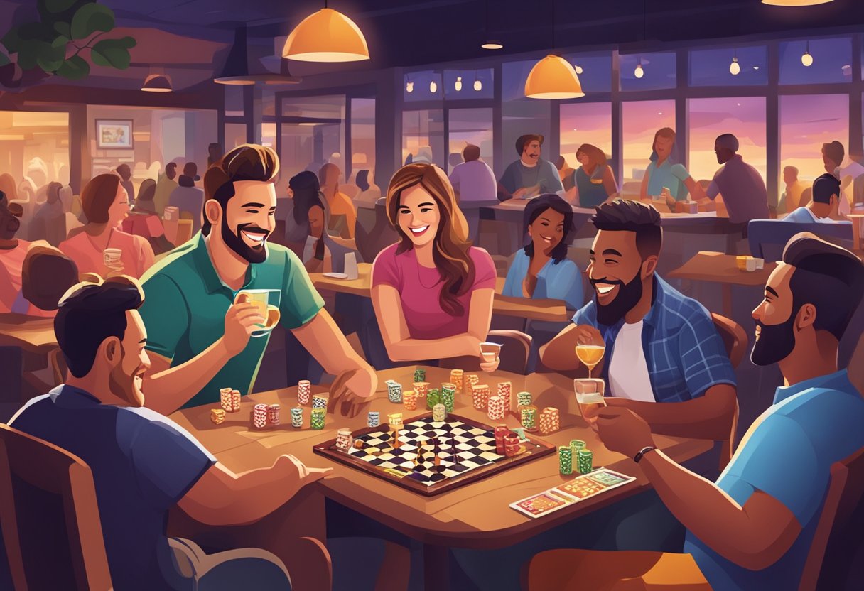 People gather at Orlando restaurants for game night, playing board games and enjoying food and drinks. Laughter and friendly competition fill the air