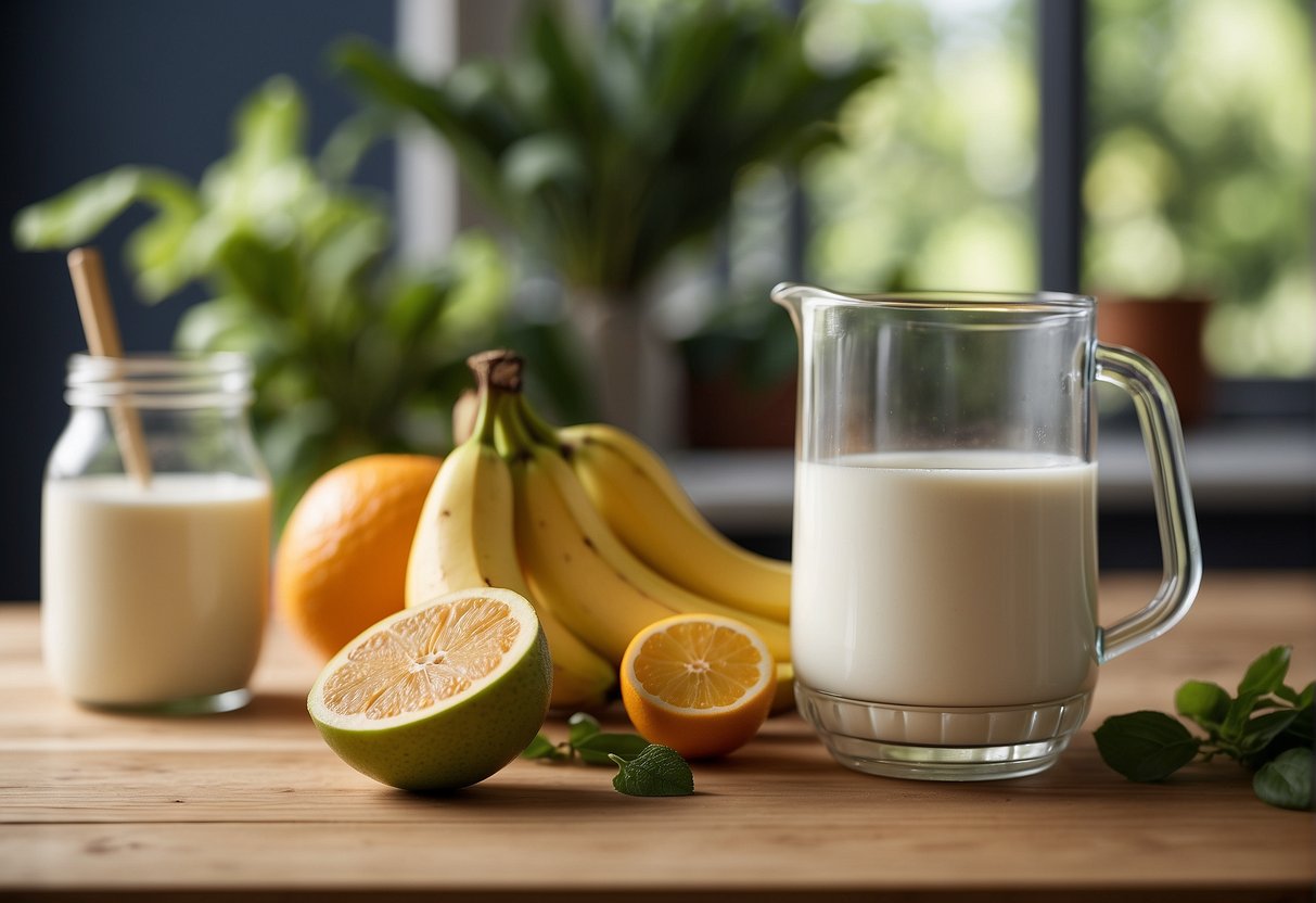 A scoop of whey protein powder sits next to a blender filled with plant-based milk and fruits. A measuring spoon and a glass of water complete the scene