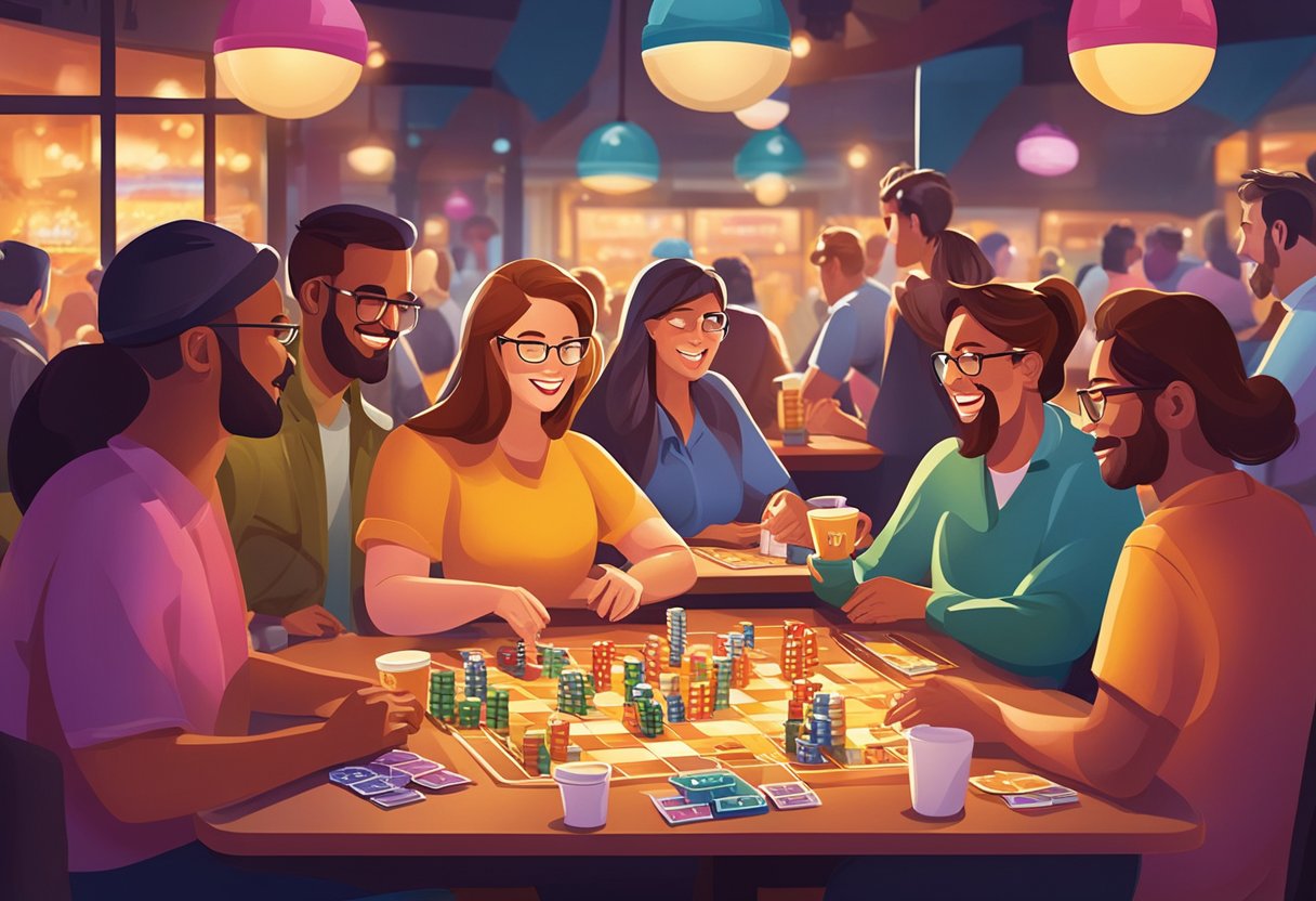 A lively restaurant scene with tables of people playing board games, cards, and trivia. Bright lights, colorful decor, and a bustling atmosphere create a fun and engaging game night experience