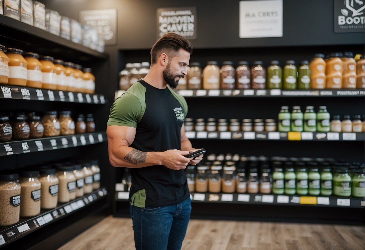 A person comparing vegan protein powders and whey protein in a store, with various brands and labels displayed on shelves