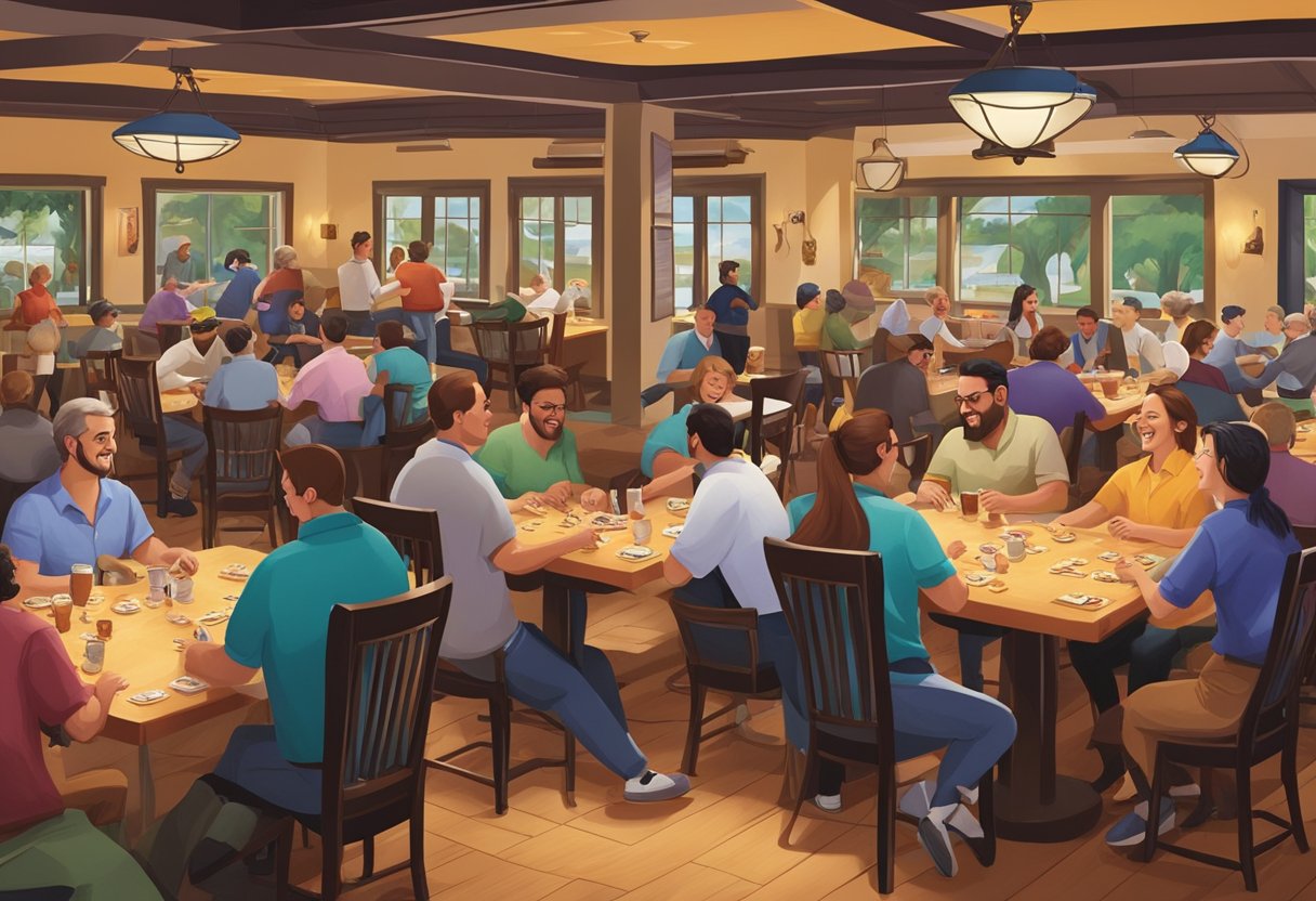 A bustling restaurant in Orlando hosts game night, with tables filled with eager players. Laughter and friendly competition fill the air as people enjoy their meals and engage in various board and card games