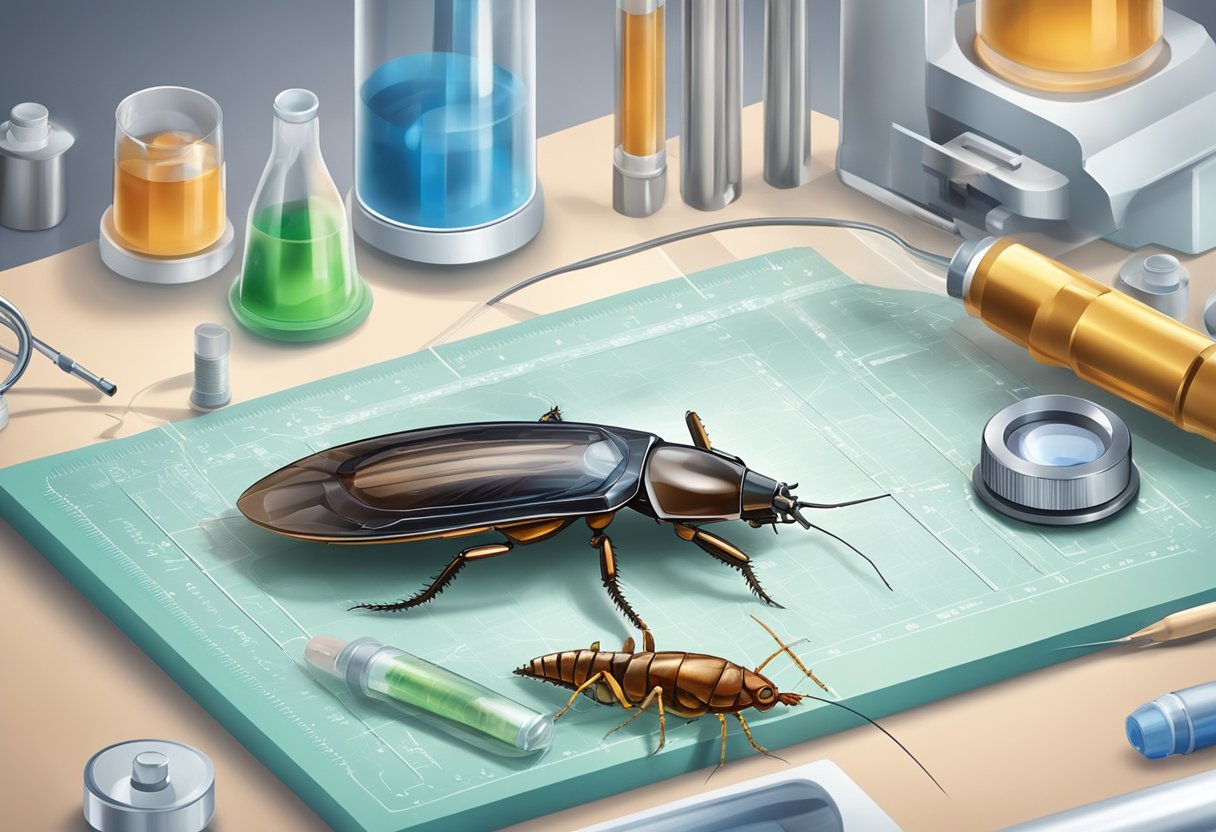 A microscope zooms in on a cockroach inside a medical slide, surrounded by scientific equipment